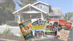 Bungalow home overlaid with a collection of kit home catalogs